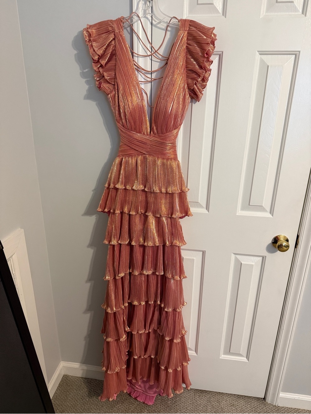 Pink Ruffle Tiered Criss Cross Lace Up Gown